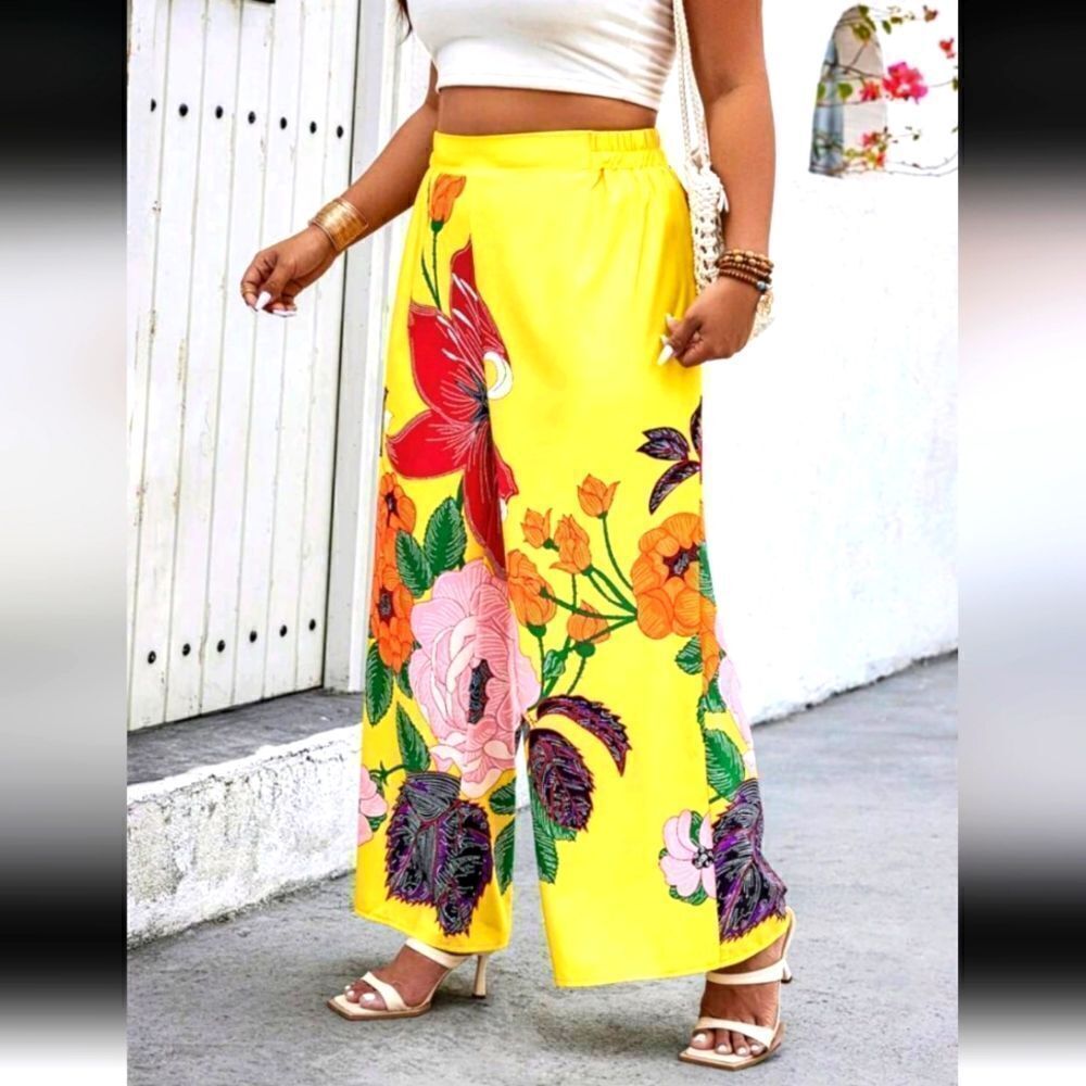 Floral Yellow Wide-Leg Pants